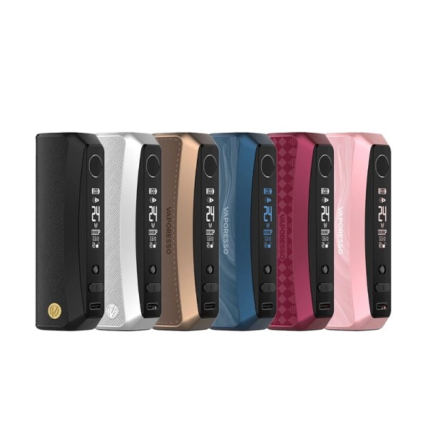 Red od sedam Vaporesso GTX One Pro modova za e-cigarete u različitim bojama, uključujući crnu, bijelu, brončanu, plavu, crvenu i rozu, prikazanih uspravno s vidljivim ekranima i tipkama.